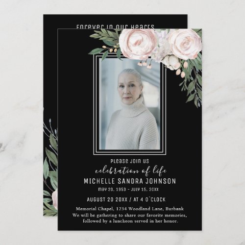 Funeral Photo Black Floral Memorial Prayer Card