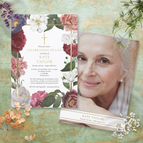 Funeral Photo Celebration of Life Rose Floral Invitation