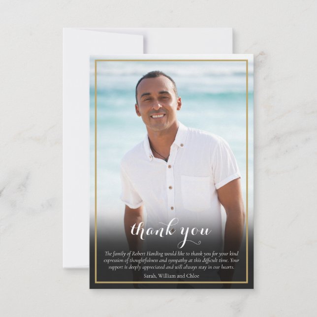 Funeral Photo Elegant Gold Cross Script Thank You Card (Front)