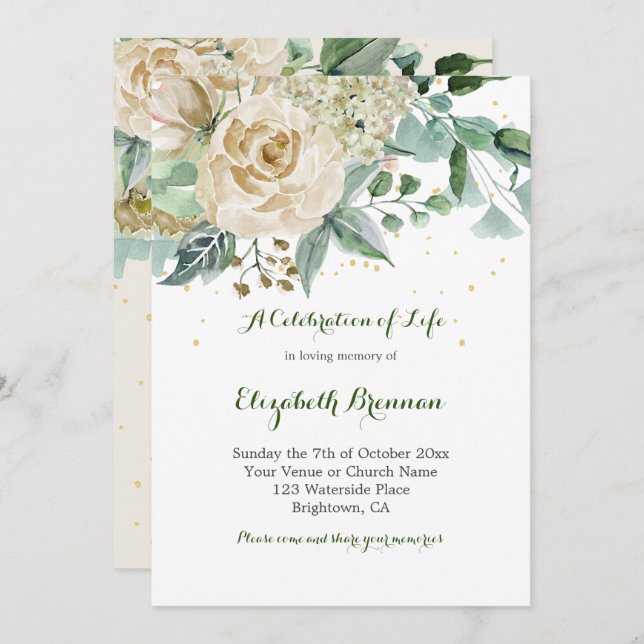 Funeral Photo Elegant  Rose Floral Green Foliage Invitation (Front/Back)