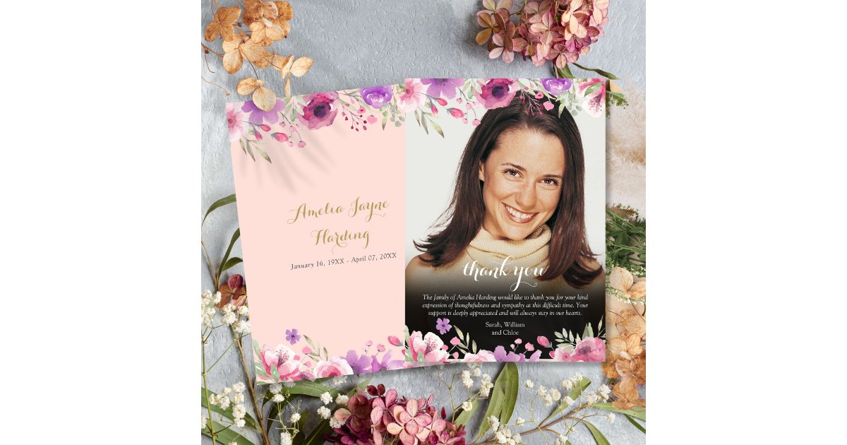 Funeral Photo Floral Blush Pink Thank You Card | Zazzle