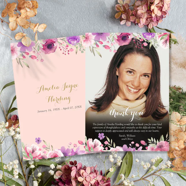 Funeral Photo Floral Blush Pink Thank You Card | Zazzle