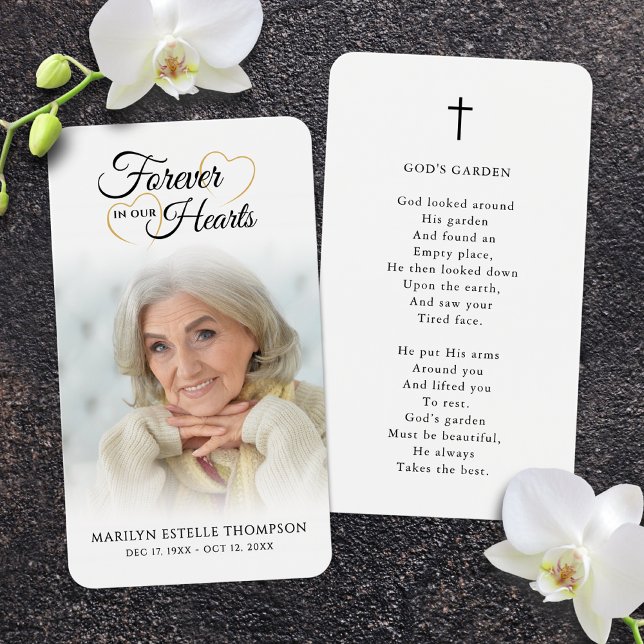 Funeral Photo Forever Hearts Cross Prayer Card (Creator Uploaded)