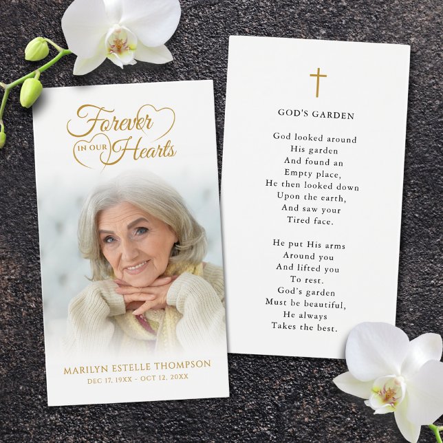 Funeral Photo Forever Hearts Cross Prayer Card (Creator Uploaded)