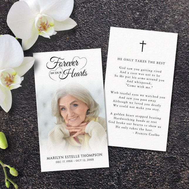 Funeral Photo Forever Hearts Cross Prayer Card (Creator Uploaded)