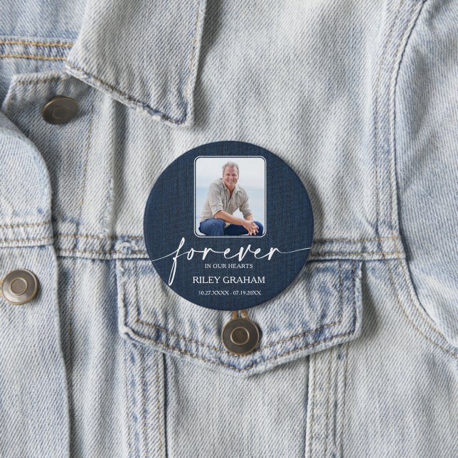 Funeral Photo Memorial Tribute Blue Jean Button (In Situ)