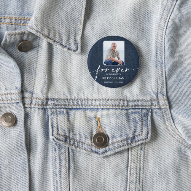 Funeral Photo Memorial Tribute Blue Jean Button (In Situ)