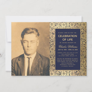 Funeral Photo Navy Gold Elegant Life Celebration Invitation
