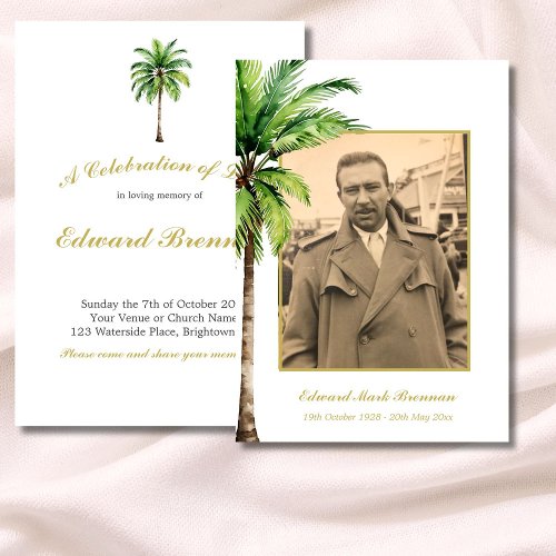 Funeral Photo Palm Tree Elegant Watercolor Foliage Invitation