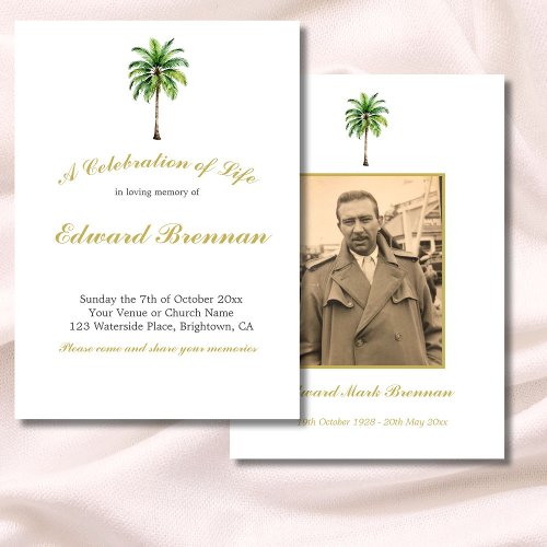 Funeral Photo Palm Tree Watercolor Elegant Foliage Invitation