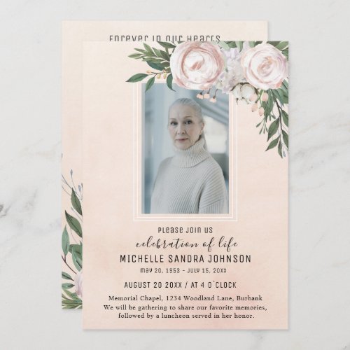 Funeral Photo Pink Floral Memorial Prayer Card
