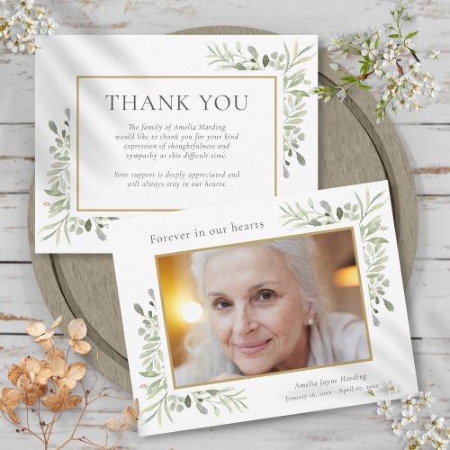 Funeral Photo Thank You Watercolor Leaves Card