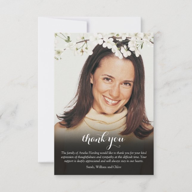 Funeral Photo White Blossom Floral Thank You Card (Front)