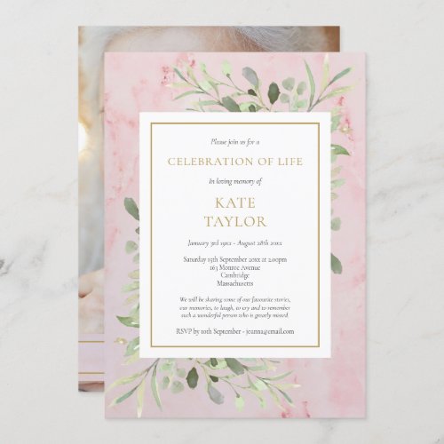 Funeral Pink Marble Photo Celebration of Life Invitation