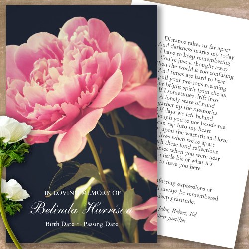 Funeral Pink Peony Memorial Prayer Sympathy Cards
