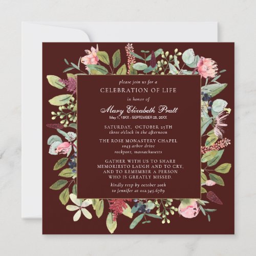 Funeral Pink Purple Floral Burgundy Background Invitation