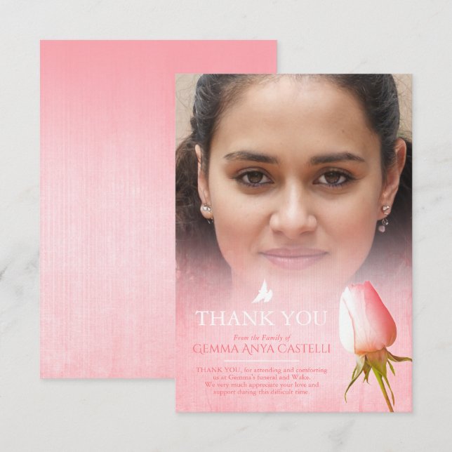 Funeral pink rose photo family thank you card (Front/Back)