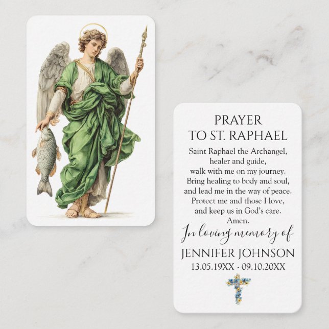 Funeral Prayer Card Memorial Angel Saint Raphael  (Front/Back)