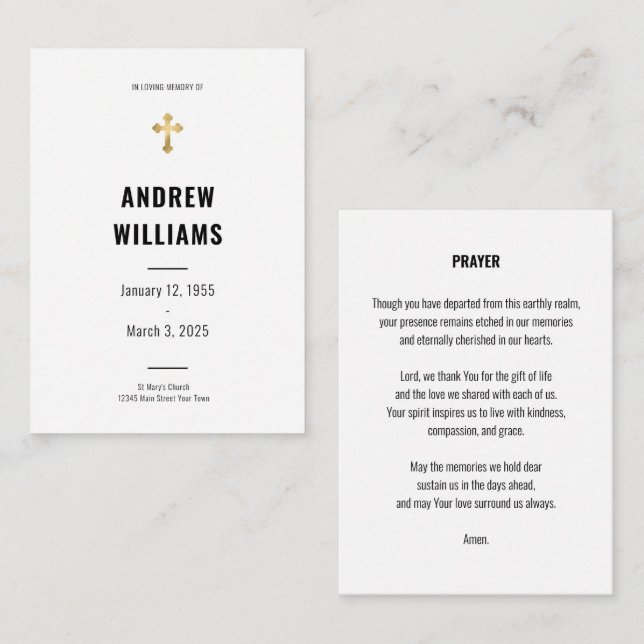  Funeral Prayer Card  Simple Black and White  (Front/Back)