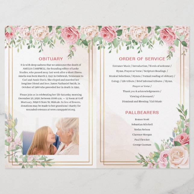 Funeral Program Brochure | Roses Order of Service  (Back)