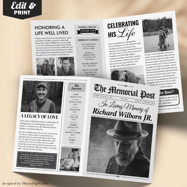 Funeral Program Celebration of Life Newspaper Card (Custom Funeral Program Newspaper, Celebration of Life Newspaper 4 page Card template and print)