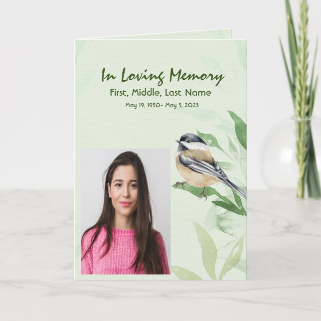 Funeral Program Custom Foliage Chickadee Bird (Front)