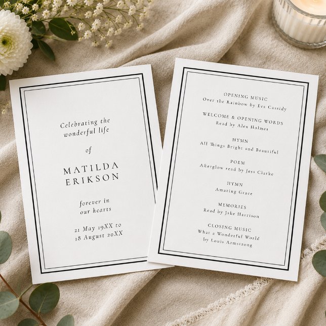 Funeral Program | Memorial Order of Service Card (Personalized funeral program with classic border for memorial order of service details.)