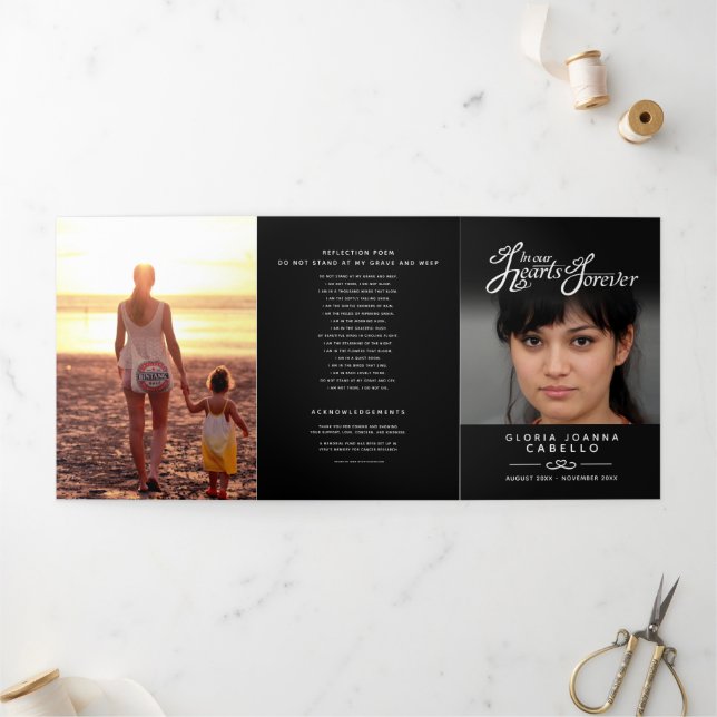 Funeral program service in our hearts black white (Outside)