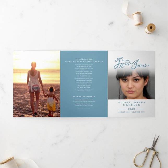 Funeral program service in our hearts white blue (Outside)