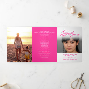Funeral program service in our hearts white pink
