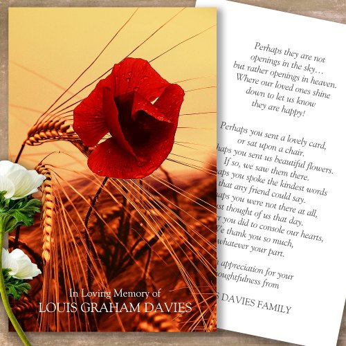 Funeral Red Poppy Memorial Prayer Sympathy Cards