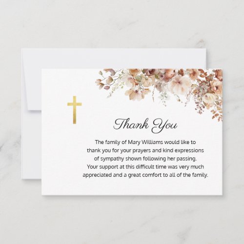 Funeral Religious Memorial Floral Cross Thank You Card