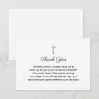 Funeral Religious Memorial Gold Cross Thank You