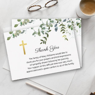 Funeral Religious Memorial Greenery Cross Thank You Card