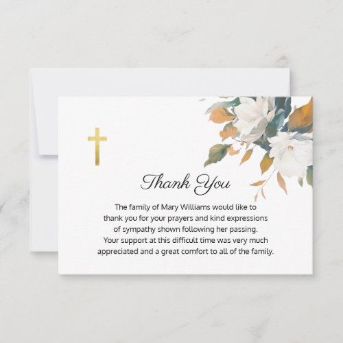 Funeral Religious Memorial White Floral Cross Thank You Card