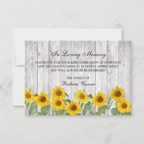 Funeral Rustic Wood Sunflowers Photo Thank You Card
