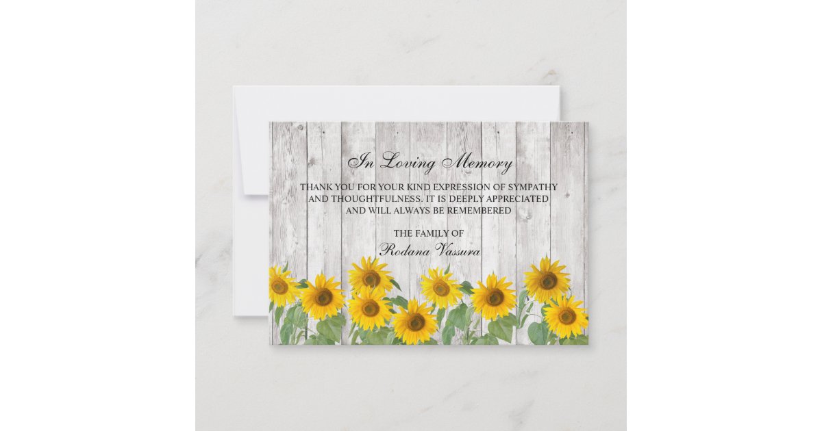 Funeral Rustic Wood Sunflowers Photo Thank You Card | Zazzle