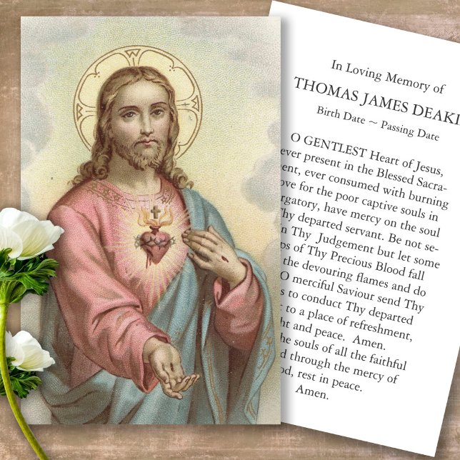 Funeral Sacred Heart Jesus Prayer Sympathy Cards (Forever in our hearts, celebration of life, in loving memory of, prayer cards for bereavement)