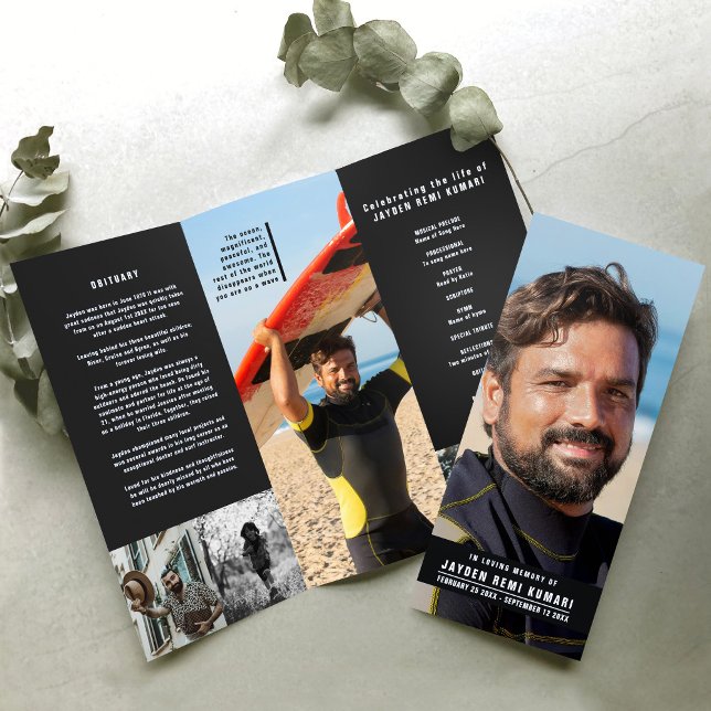 Funeral service program black simple custom photos brochure (Creator Uploaded)