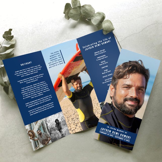 Funeral service program blue simple custom photos brochure (Creator Uploaded)