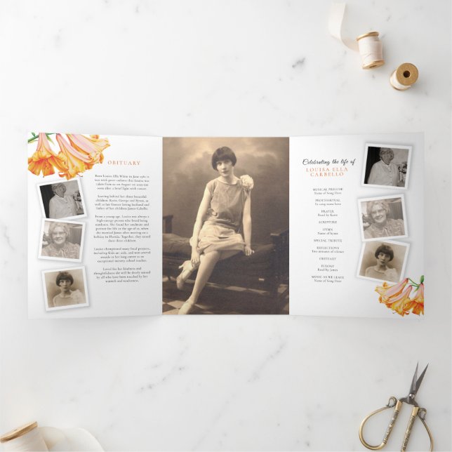 Funeral service program orange lily photo 6pp (Inside)