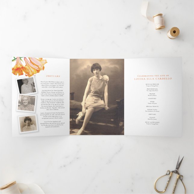 Funeral service program orange lily photo 6pp (Inside)