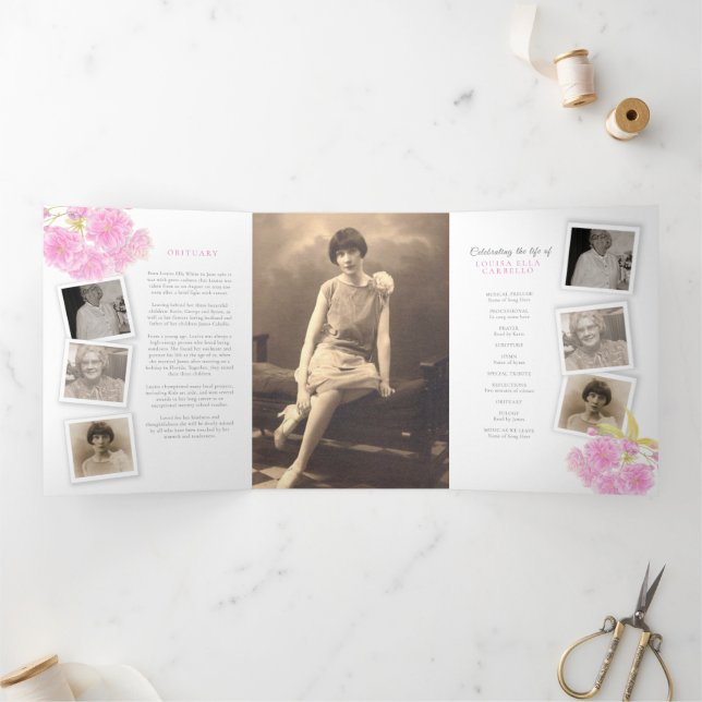 Funeral service program pink blossom photo 6pp (Inside)