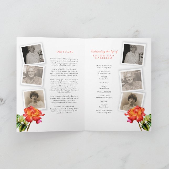 Funeral service program striped rose photos (Inside)