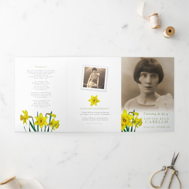Funeral service spring yellow daffodils photos  Tri-Fold program (Outside)