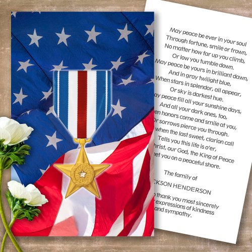 Funeral Silver Star Medal Prayer Sympathy Cards