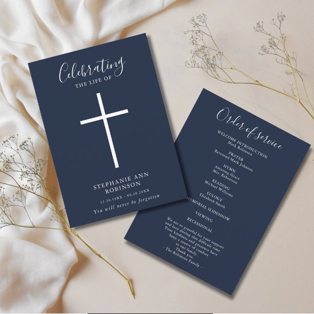 Funeral Simple Cross Blue White Order of Service Program (Creator Uploaded)