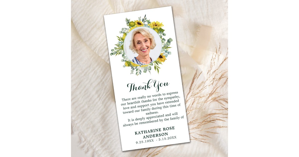 Funeral Sunflower Eucalyptus Photo Sympathy Thank You Card | Zazzle