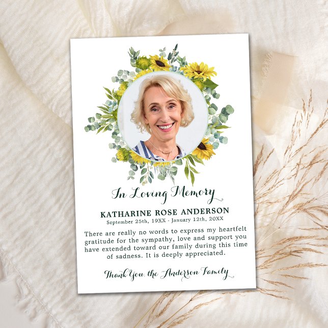 Funeral Sunflower Eucalyptus Photo Sympathy        Thank You Card (Creator Uploaded)