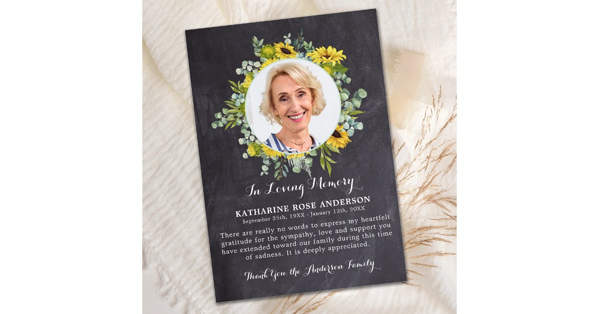 Funeral Sunflower Eucalyptus Slate Photo Sympathy Thank You Card | Zazzle